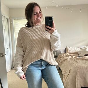 American Eagle Oversized Cream and White Knitted Sweater